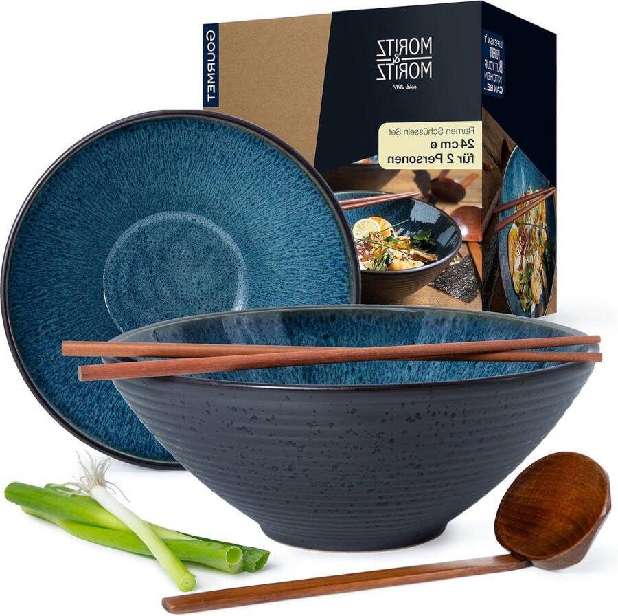 2x Ramen Bowl Keramisch 500 ml 24 cm Ø Blauwe Ramen Bowl Set 2 Personen Soep Pho Bowl Sushi Bowl Stokjes Lepel