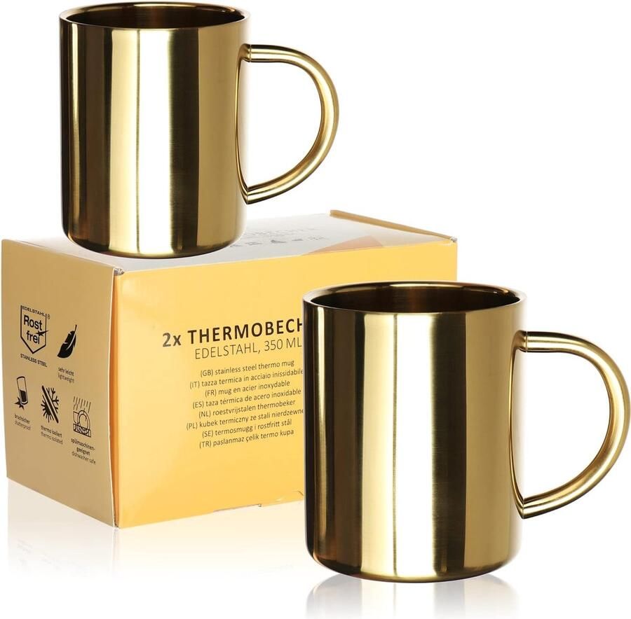 2x RVS bekers 350ml elk thermische mok onbreekbare thermische drinkbeker dubbelwandige isolerende mok goudkleurig (2 stuks goudkleurig)