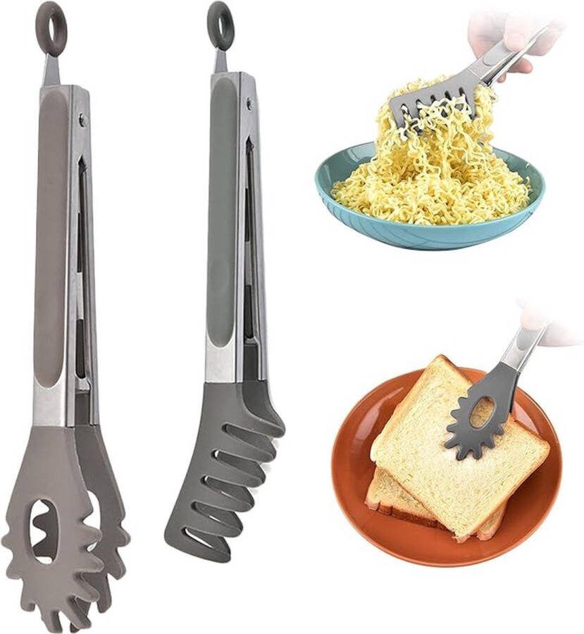 2x Spaghettitang Keukentang Serveertang Bbq Tang Rvs En Siliconen Vleestang Hitte Bestendig Anti-Aanbak Barbequetang Spaghettitang Salade Tang Keukengerei Barbecue Accessoire 2 Verschillende Vormen Grijs Met Ophanggaten