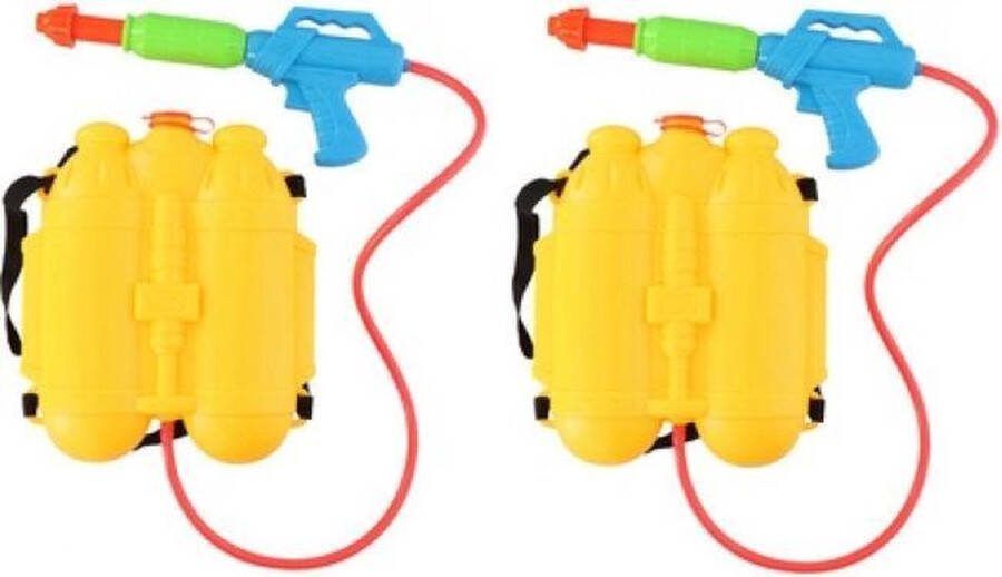 2x Speelgoed waterpistool waterpistolen geel watertank rugzak met waterspuit