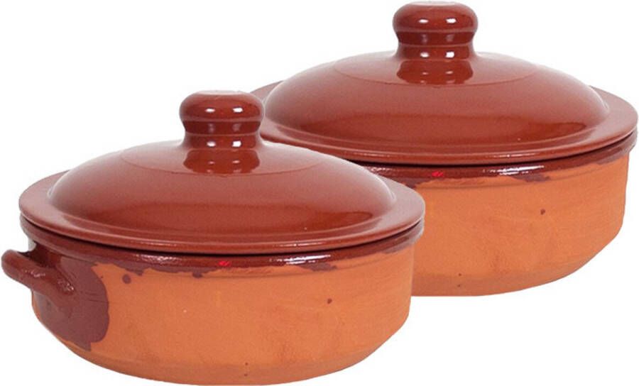 Gerim 2x Stenen ovenschalen met deksel bruin 24 cm Terracotta ovenschalen braadpannen pannetjes voor 1 persoon