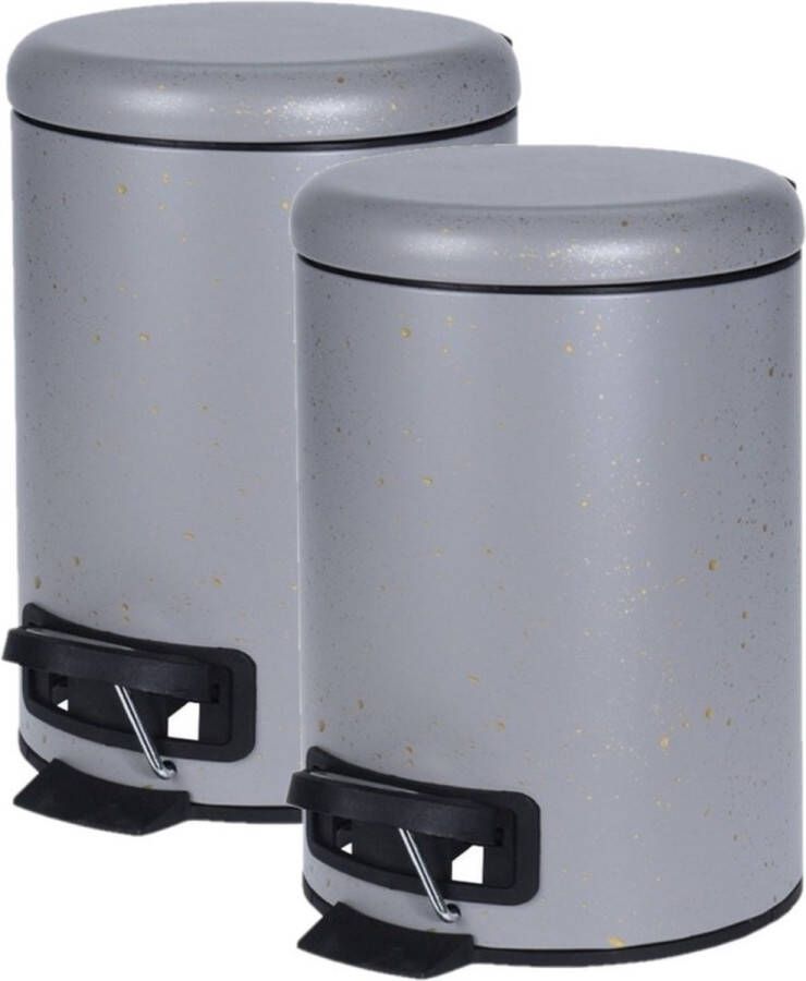 Merkloos Sans marque 2x stuks grijze vuilnisbakken pedaalemmers met spikkels 3 liter kleine prullenbakken