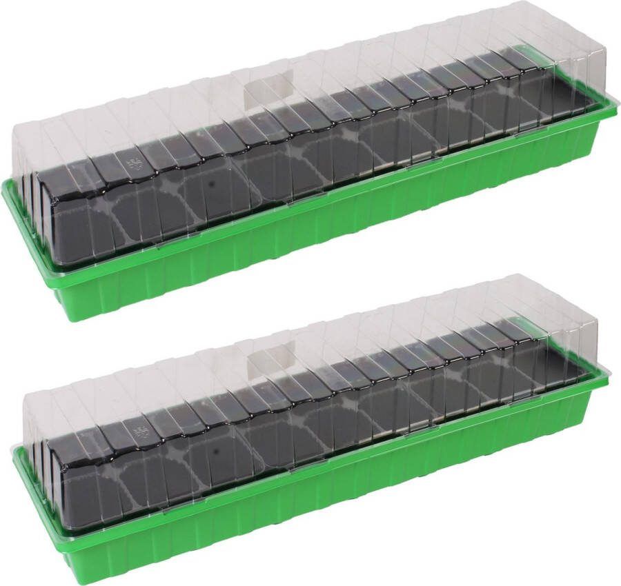Merkloos Sans marque 2x stuks kweekbakjes kweekkastjes met deksel 8 x 54 x 15 cm Inclusief tray met 18 kweekpotjes per kweekbak