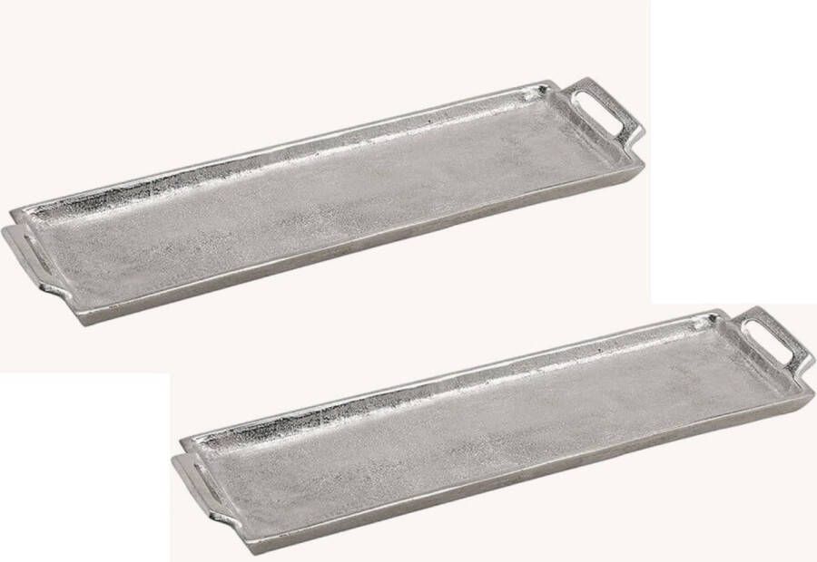 2x stuks rechthoekige kaarsenborden kaarsenplateaus met handvaten zilver van metaal 44 x 13 x 3 cm