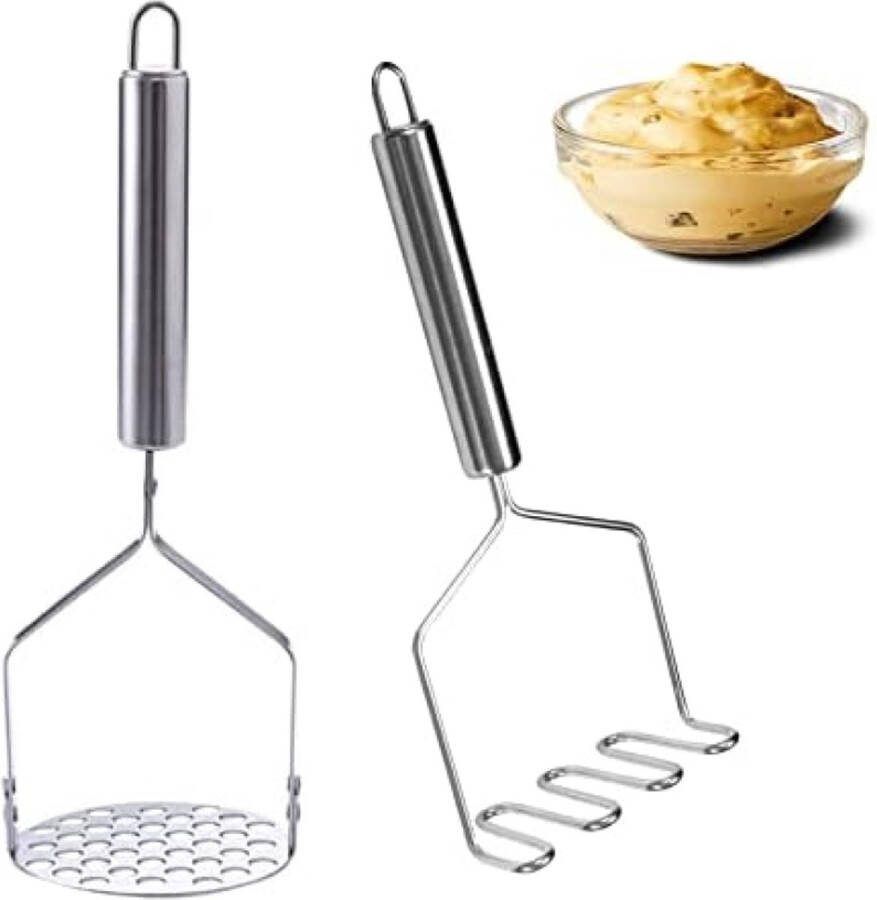 2x Stuks Roestvrijstalen Aardappelstamper Potato Masher Voedselstamper Keukenstamper Groentestamper voor Aardappelpap Groenten en Fruit