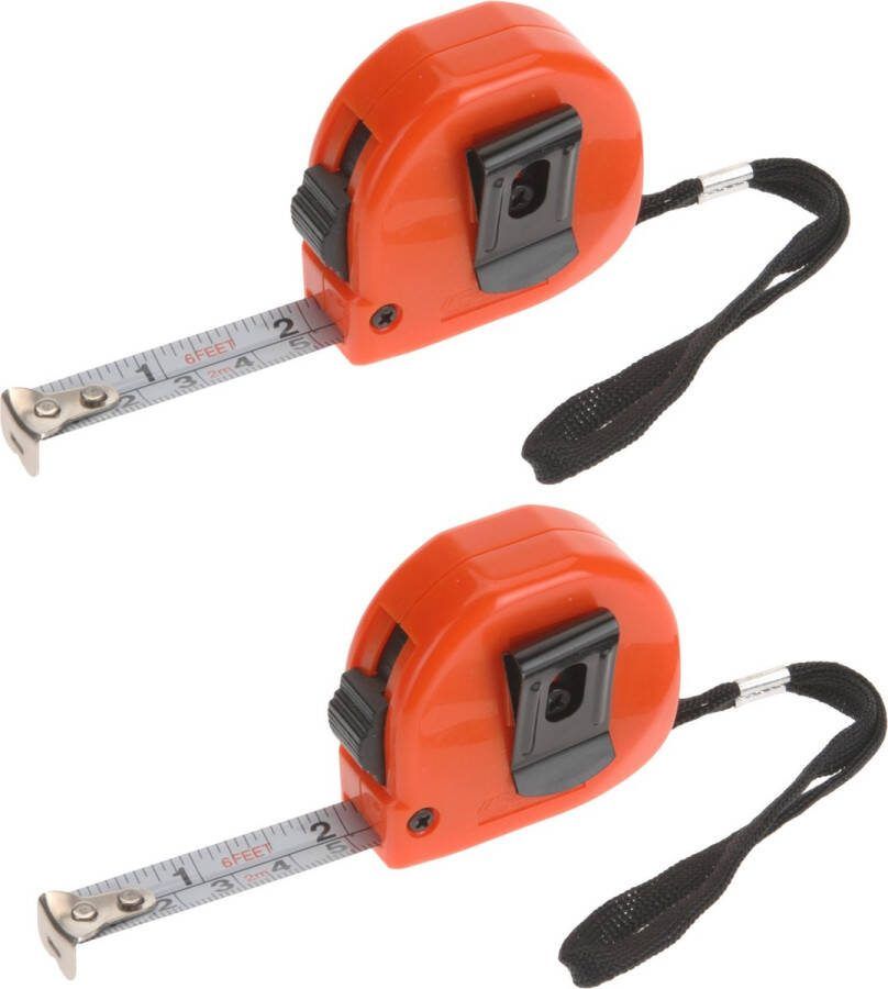 2x stuks rolmaten meetlinten oranje 13 mm x 2 m meetgereedschap klusbenodigheden met ophanglus vergrendelknop en riemclip rolmaat lintmeters meetlinten