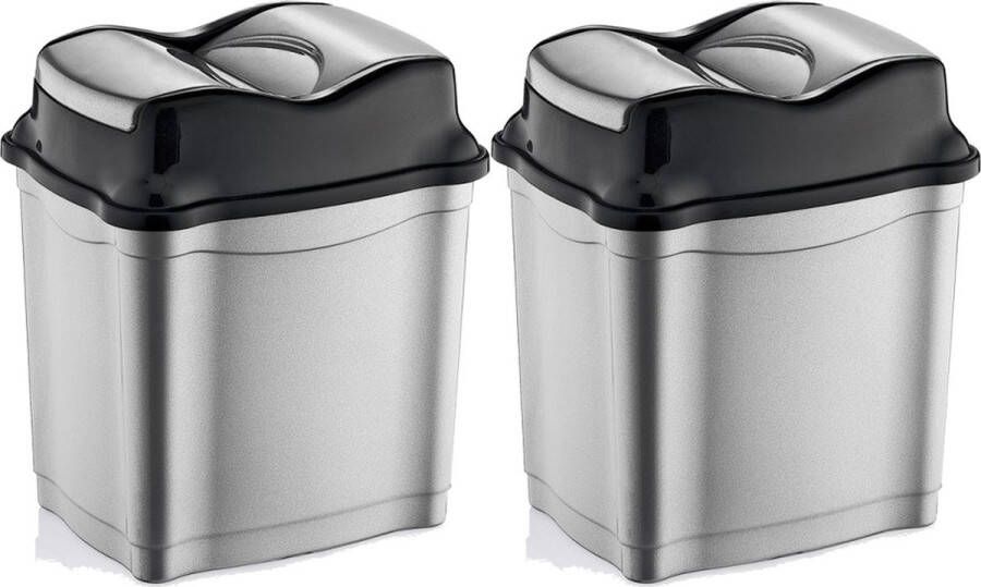 Merkloos Sans marque 2x stuks zilver zwarte vuilnisbak vuilnisemmer kunststof 28 liter Prullenbakken Afvalemmers Kantoor keuken prullenbakken