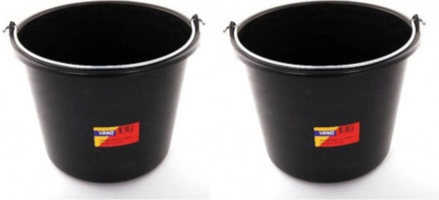 Merkloos Sans marque 2x stuks zwarte bouwemmers specie emmers 12 liter met maatverdeling huishoudemmer