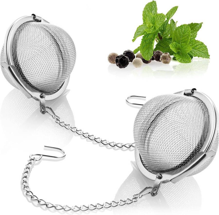 2x theezeef van RVS 304 thee-ei voor losse thee kruiden en specerijen fijnmazige theefilter met ketting kruidenzeef (2 stuks 4 5 cm Ø)