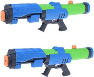 2x Waterpistolen waterpistool blauw groen van 63 cm met pomp kinderspeelgoed waterspeelgoed van kunststof grote waterpistolen met pomp