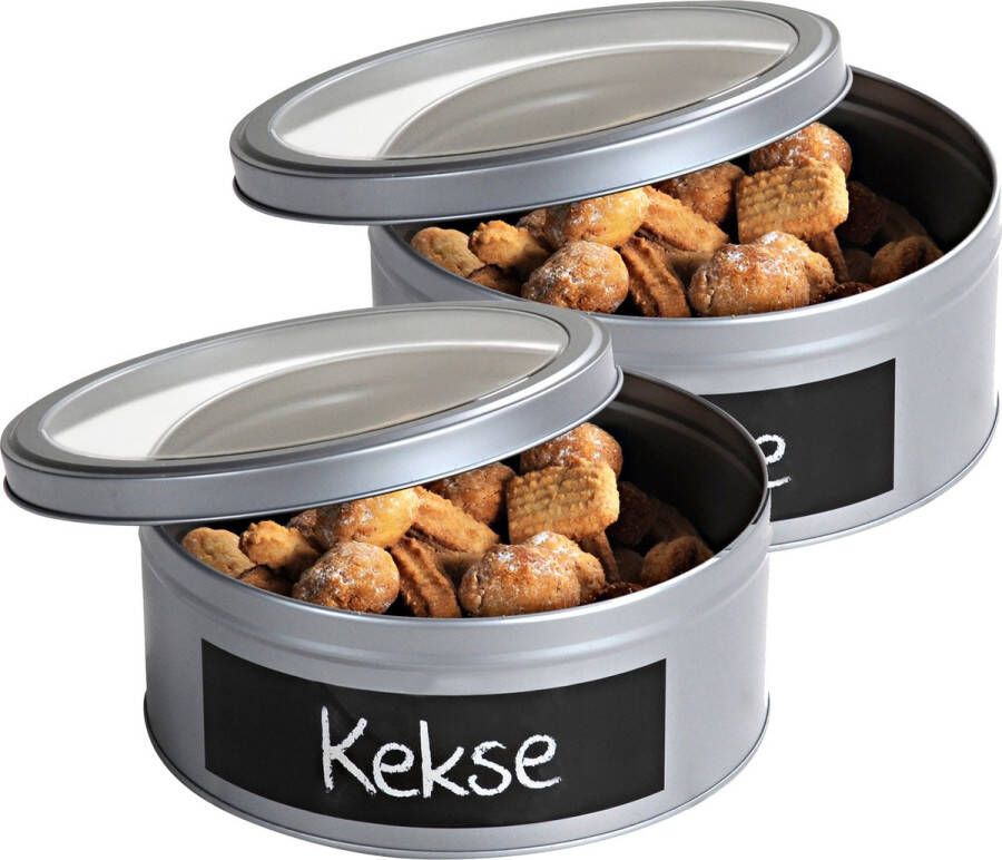 2x Zilveren ronde koekblikken opbergblikken bewaarblikken 20 cm met krijtbord vlak Voorraadblik koekblik Snoeptrommels