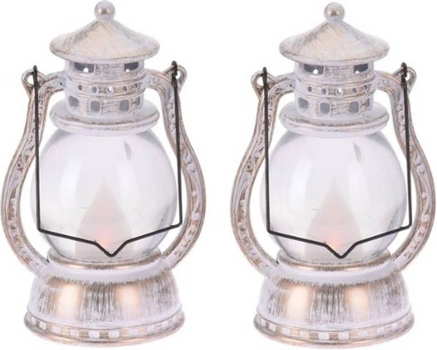 2x Zilver witte lantaarn decoratie 12 cm vlam LED licht op batterijen Feestverlichting themafeest