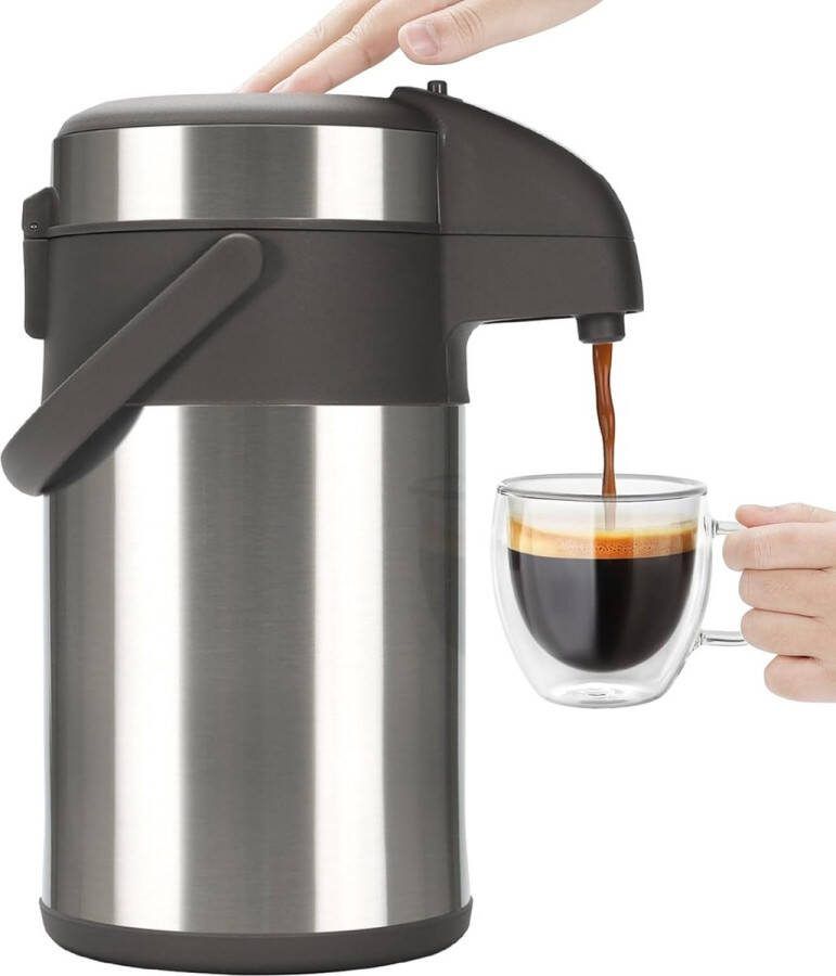 3 0 liter pompkan thermoskan roestvrijstalen koffiedispenser dubbelwandige pompvacuümkan met pompmechanisme koffiekaraf kan voor 16 kopjes (zilver)