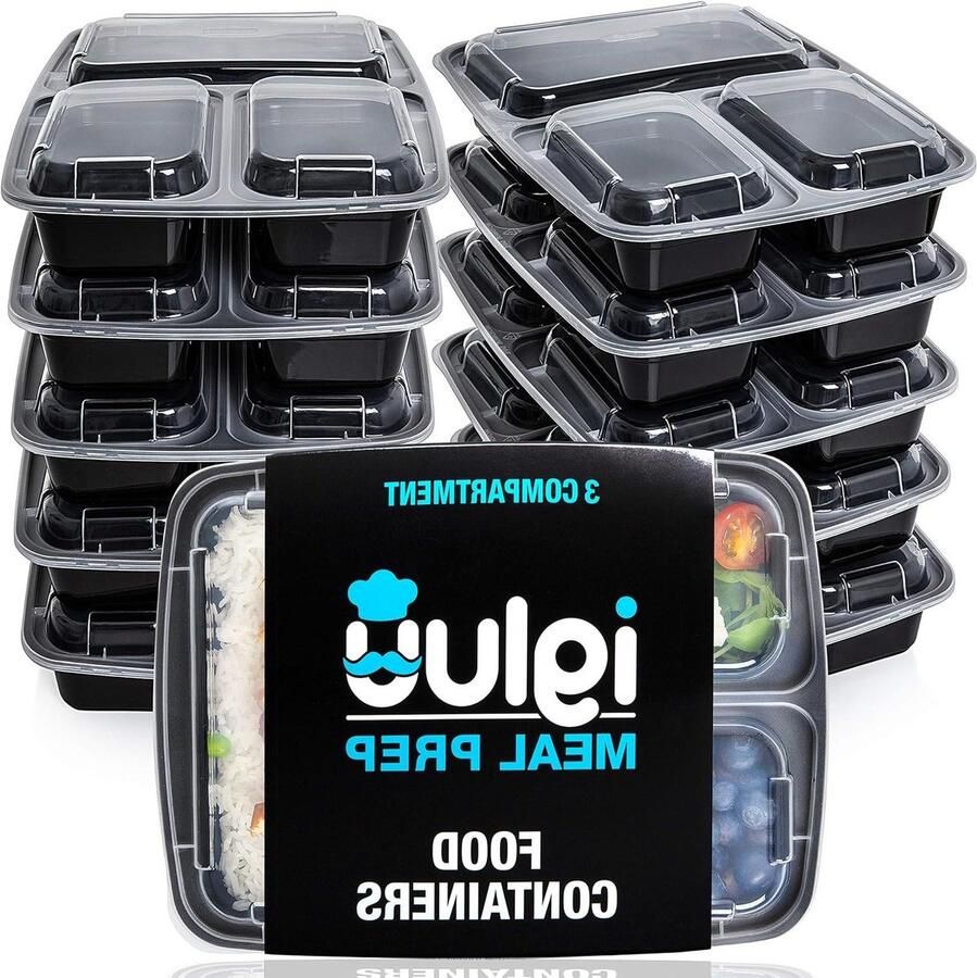 3 Compartimenten BPA Vrij Herbruikbare Meal Prep Containers Plastic Voedsel Bakjes met Luchtdichte Deksels Magnetron Vriezer en Vaatwasserbestendig Stapelbare Bento Box (900 ml) Set van 10 Gezonde Voedsel Opbergbakjes Meal prep bakjes