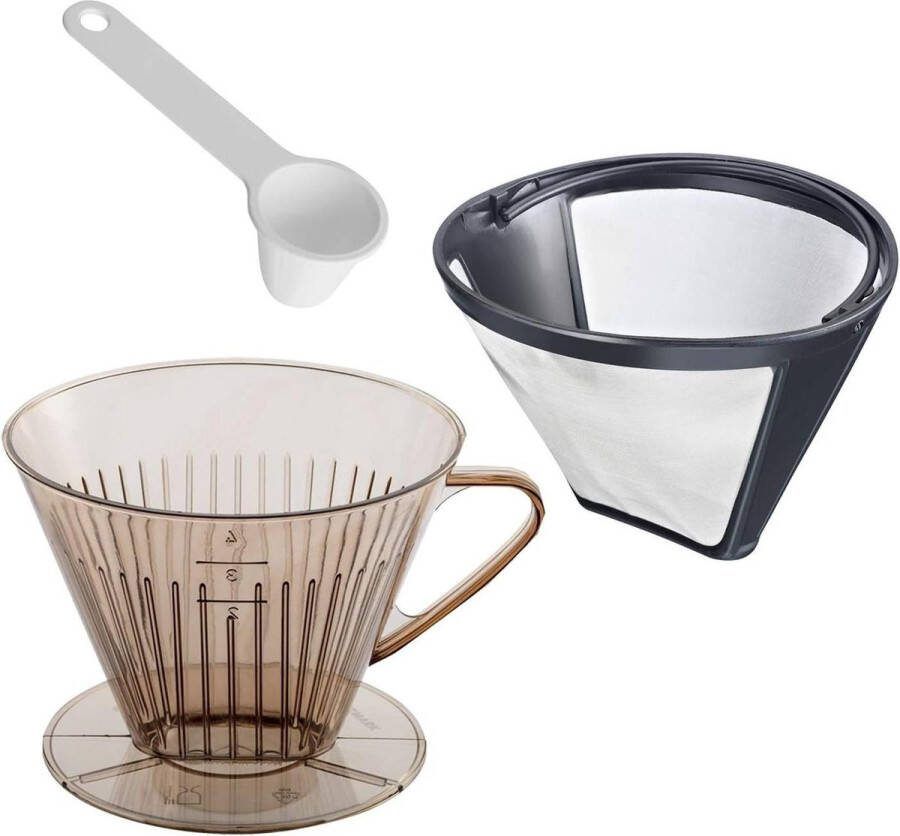 3-delig koffieset permanent filter maatschepje roestvrij staal-kunststof koffie helder-wit-zilver-zwart
