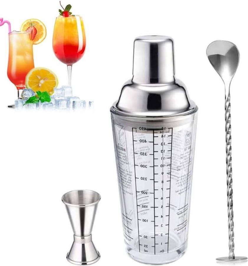 3-delig roestvrij staal cocktailshaker set transparante glazen shaker 400 ml met maatbekerlepel