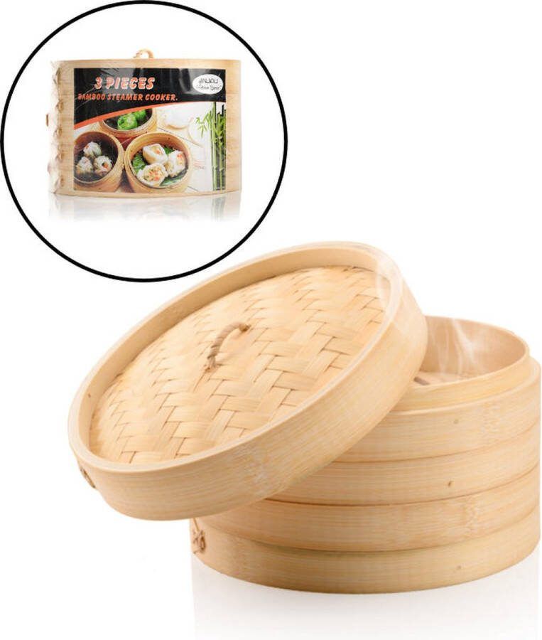 Decopatent 3 Delig Stoommandje met deksel Ø20.5 Cm Bamboe Rijst Stoommanden Stomer Steamer Cooker Dim Sum Stoomschaal