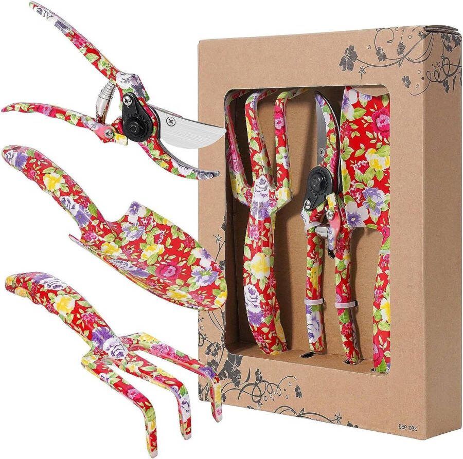 3-delige aluminium tuingereedschapset trowel cultivator snijschaar cadeauset voor tuinbenodigdheden rood