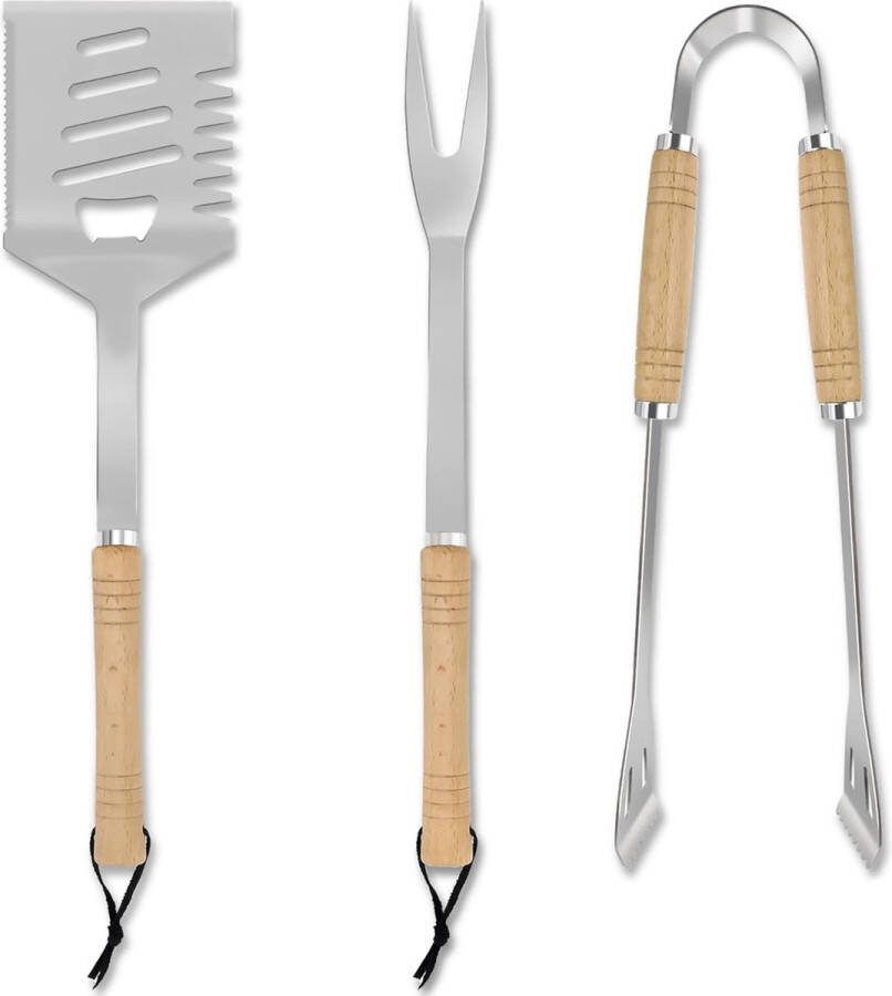 3-delige BBQ grillbestek barbecue-gereedschapsset met grilltang 4-in-1 spatel (spatel schraper vleeszaag flesopener) vleesvork van hout en roestvrij staal