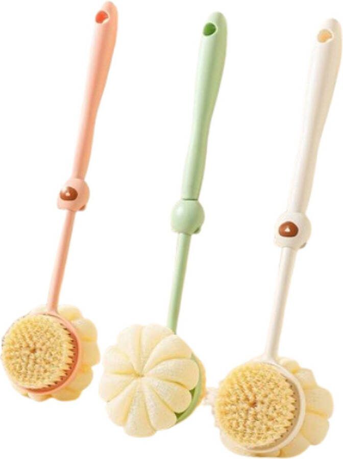 3-Delige Douche Spons Set Zachte Lange Handgreep Reinigingsborstel 2 in 1 Douche Massage Borstelharen Wit Roze Groen Dubbelzijdige Douche Borstel Lichaam Rug Reinigen & Exfoliëren De-Ash Scrubben & Rug Borstelen Apparaat