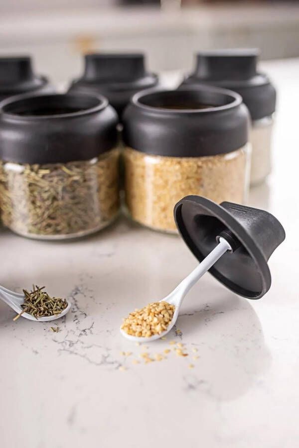 3-delige glazen kruidenpotjesset met deksel en lepel koffieblik met lepel kruidenbewaarcontainers kruidenpotjesset voor de keuken sesam tijm munt peper zoutcontainer