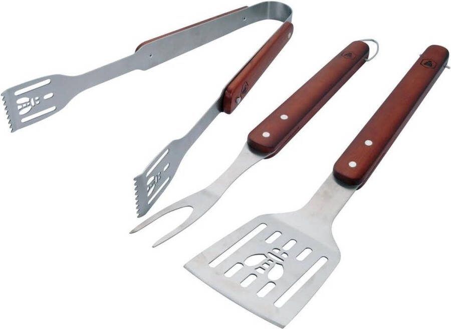 3-delige Grillset spatel vork klem roestvrij staal hout geschenkdoos groenten vlees vis grills donkerbruin