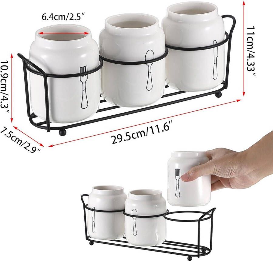 3-delige keramische bestekset bestekmand metaal lepelhouder aardewerk wit Cutlery Organizer