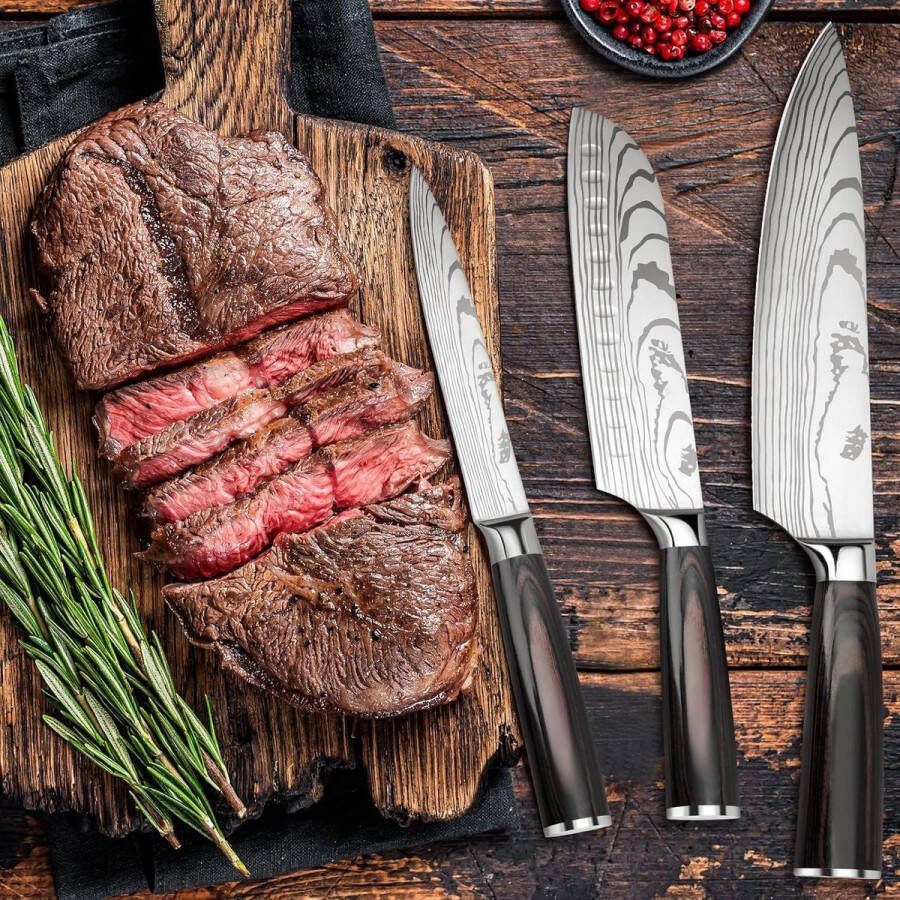 3-delige keukenmessenset met ergonomische handgreep hoogwaardig carbon roestvrij staal koksmes Santoku mes universeel mes