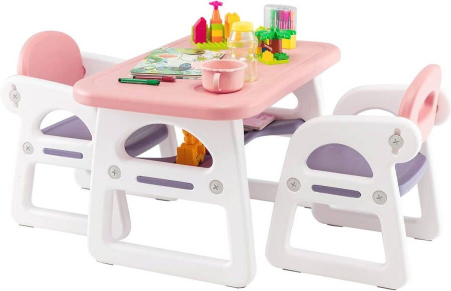 3-delige kinderzitgroep kindertafel met 2 stoelen bureauset met opbergvak voor lezen tekenen schrijven & knutselen kindermeubels voor binnen met plank voor 1-5 jaar (roze & paars)