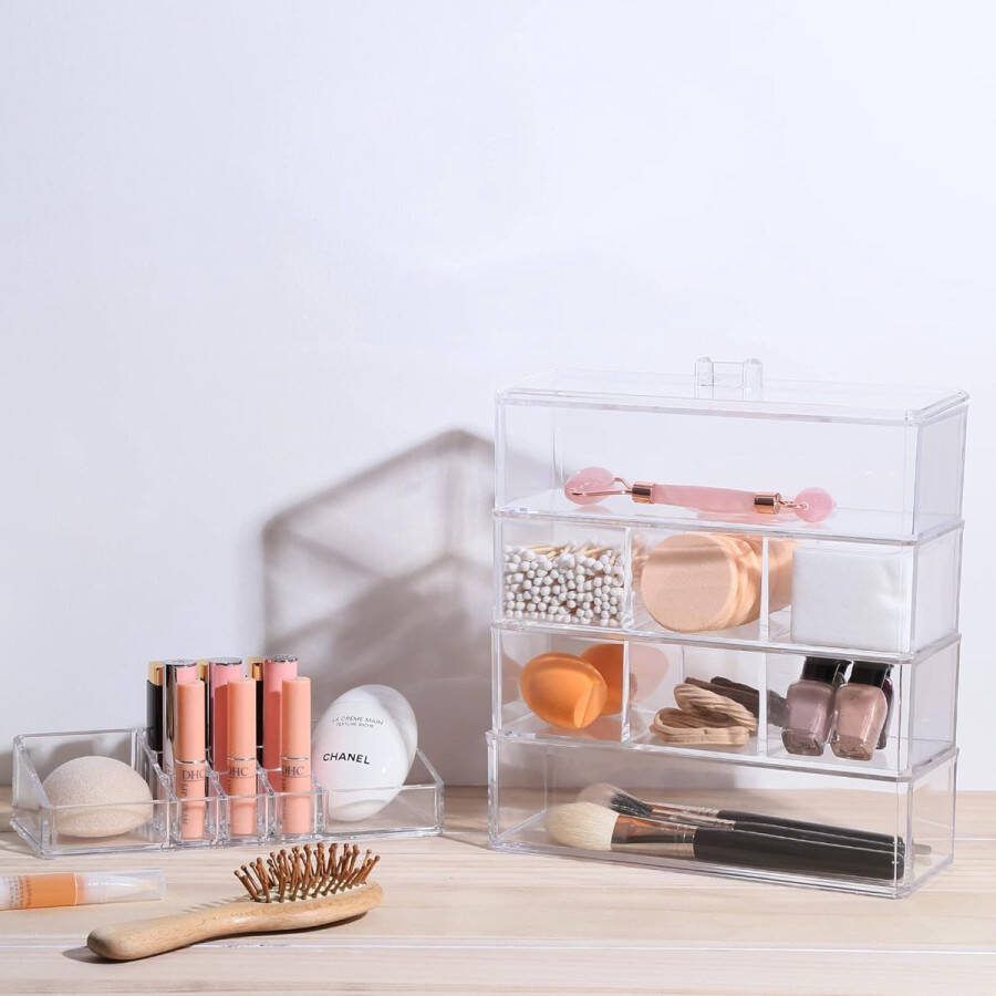 3-delige lade-organizerset stapelbare make-up-organizer cosmetische make-up-opslag acryl lade-organisatiesysteem met 15 compartimenten voor lippenstift nagellak accessoires