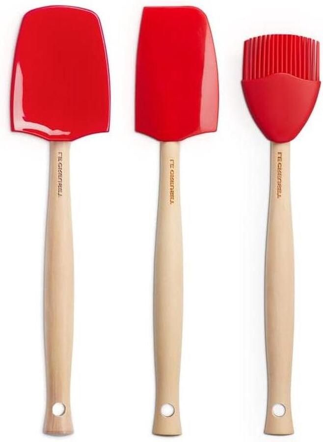 3-delige set keukenhulpen middelgrote spatel grote lepel bakborstel silicone kersenrood