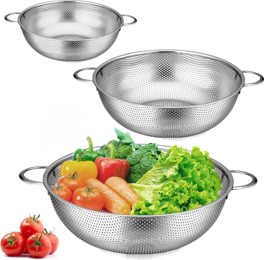 3-delige roestvrijstalen keukenzeef set handvat microgeperforeerd afdruipzeef pasta rijst fruit groenten