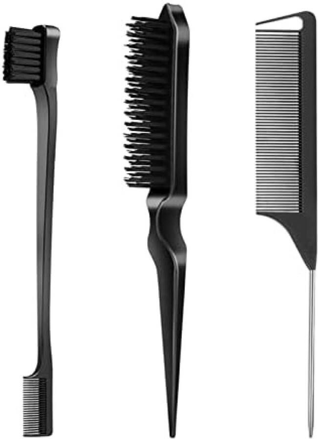 3-delige Slick Back haarborstelset met 1 pony randborstel 1 pony varkenshaar borstel en 1 pony rattenstaart kam Zwart