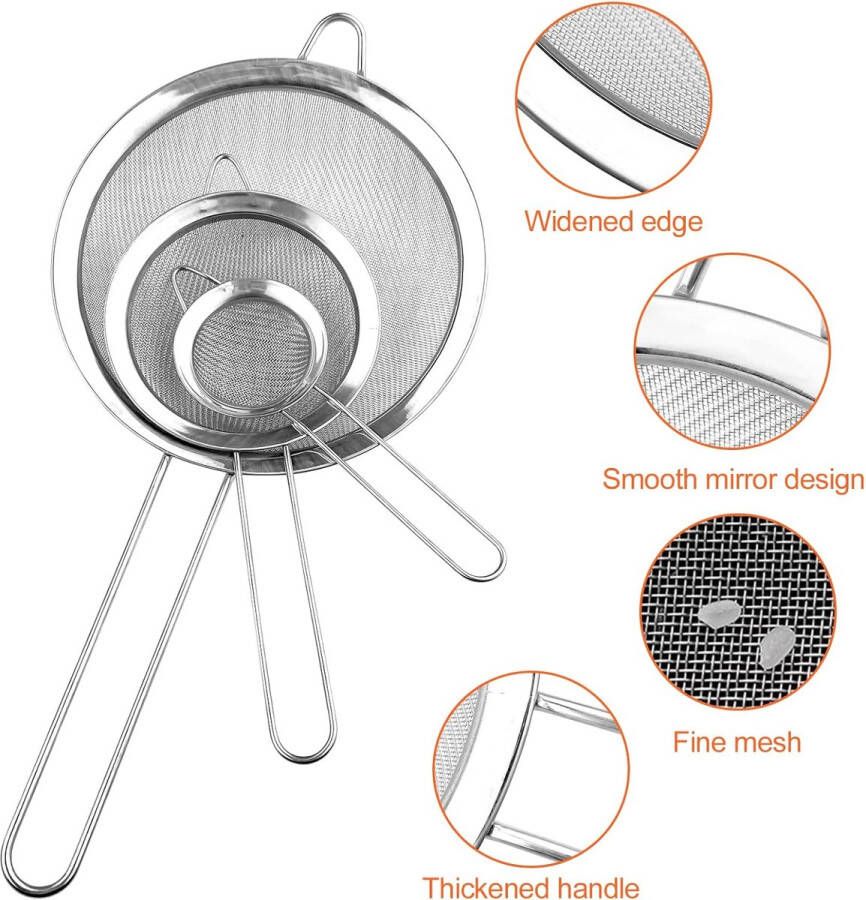 3-delige zeef van roestvrij staal 19 25 37 cm zeef van fijne netstof met handvat filter voor het bakken afdruipen van poeder poten groenten quinoa pasta rijst eiwit (zilver)