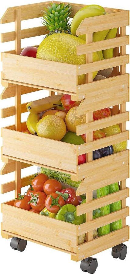 3-etages bamboe fruitmand met wieltjes stapelbaar groentekratrek groentemand voor bewaren van groenten en fruit