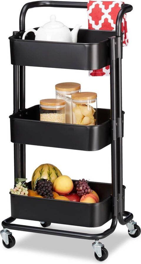 3-etages serveerwagen voor keuken badkamer kantoor rolwagen van metaal zwart HBD 84x42x37 cm