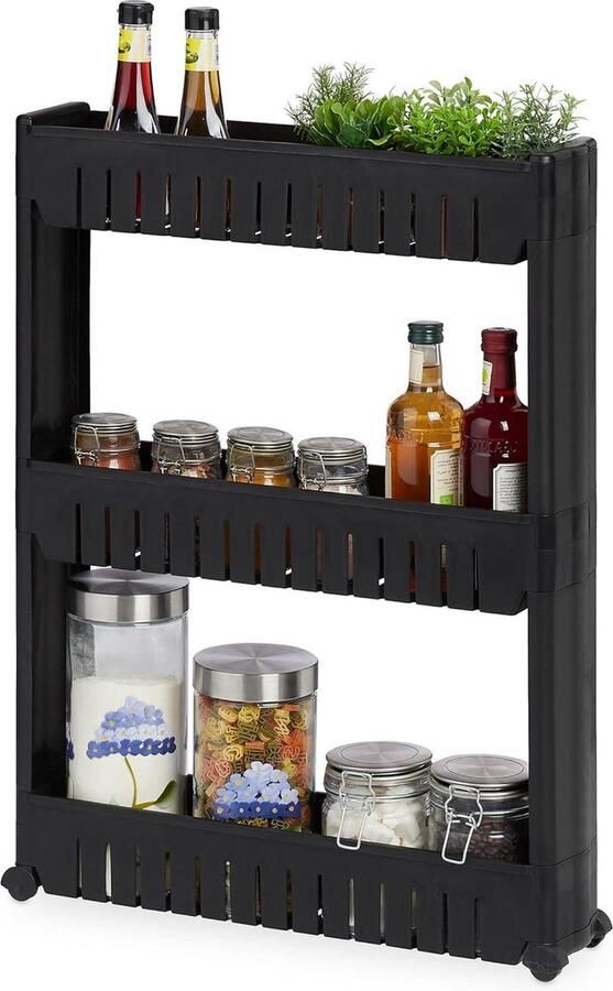 3 etages smal opbergrek voor keuken en badkamer kunststof HBD 71x125x54 cm zwart
