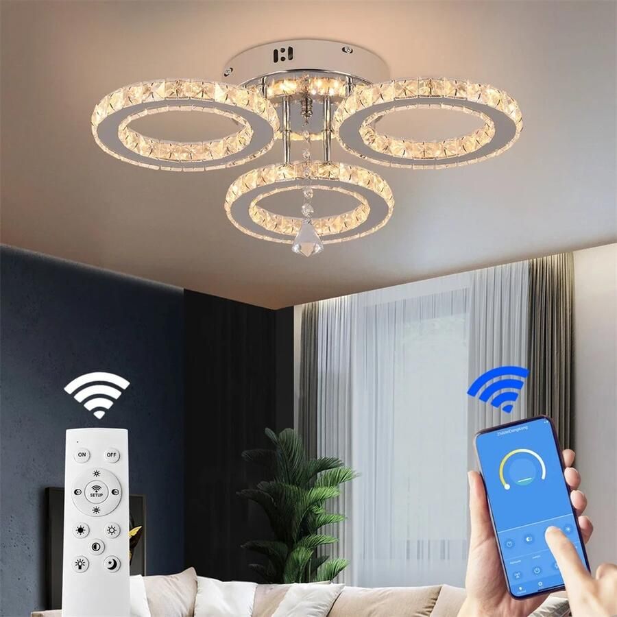 3 Heads Plafonnière Dimbaar Met APP & Afstandsbediening Moderne 3 Ringen Chroom Kroonluchter Verlichting LED Crystal Plafondlamp 30W