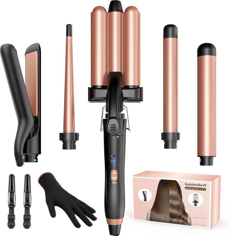3-hoofds krultang 5-in-1 stijltang instelbare temperatuur handschoen en clips