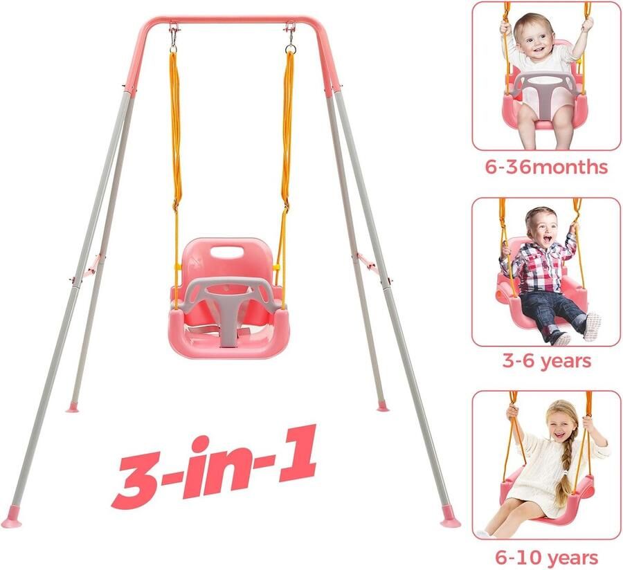 3-in-1 babyschommel met frame met 4 zandzakken kinderschommel met veiligheidsgordel voor binnen en buiten opvouwbare metalen standaard duidelijke instructies eenvoudig te monteren roze