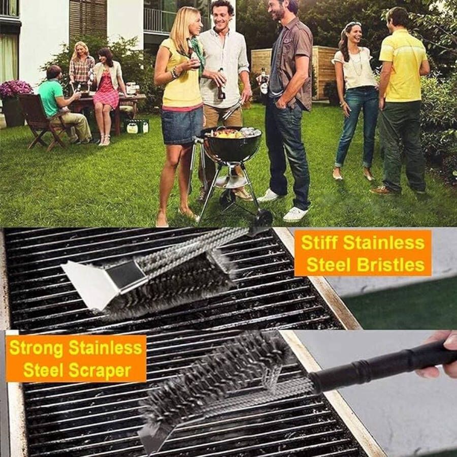 3-in-1 Barbecueborstel met Lange Steel en Schraper Roestvrij Staal BBQ-gereedschap 360 Graden Reiniging voor Grillrooster Keuken en Servies Essentiële Barbecue-accessoires