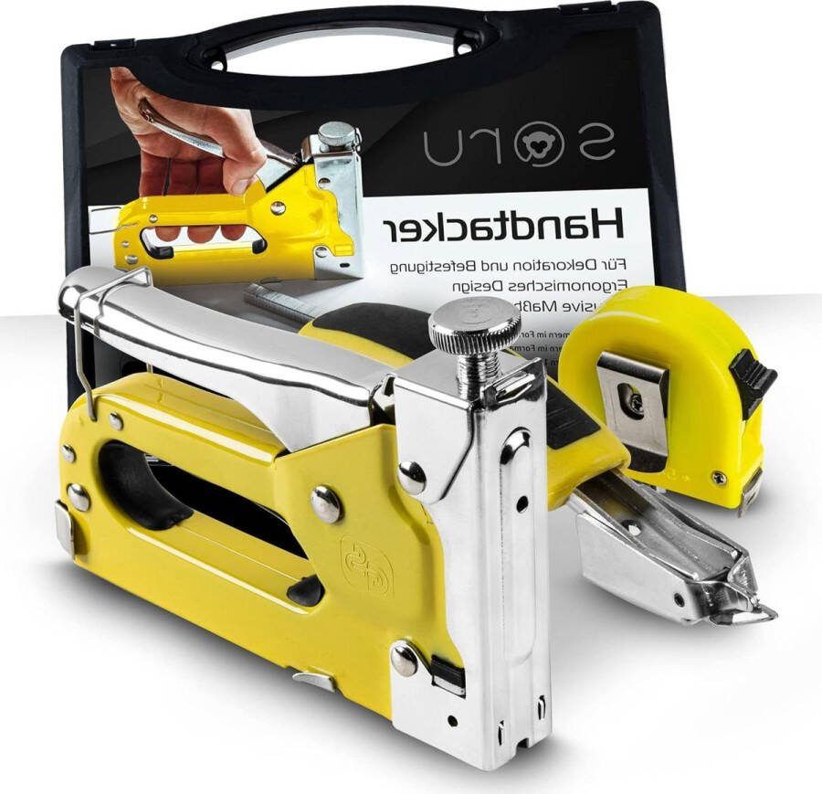 3-in-1 Handnietmachine Nieten Tacker Remover Tacker voor Hout Decoratie & Bevestiging Handige Bindingsgroef Incl. Meetlint & nietmachine Plastic doos