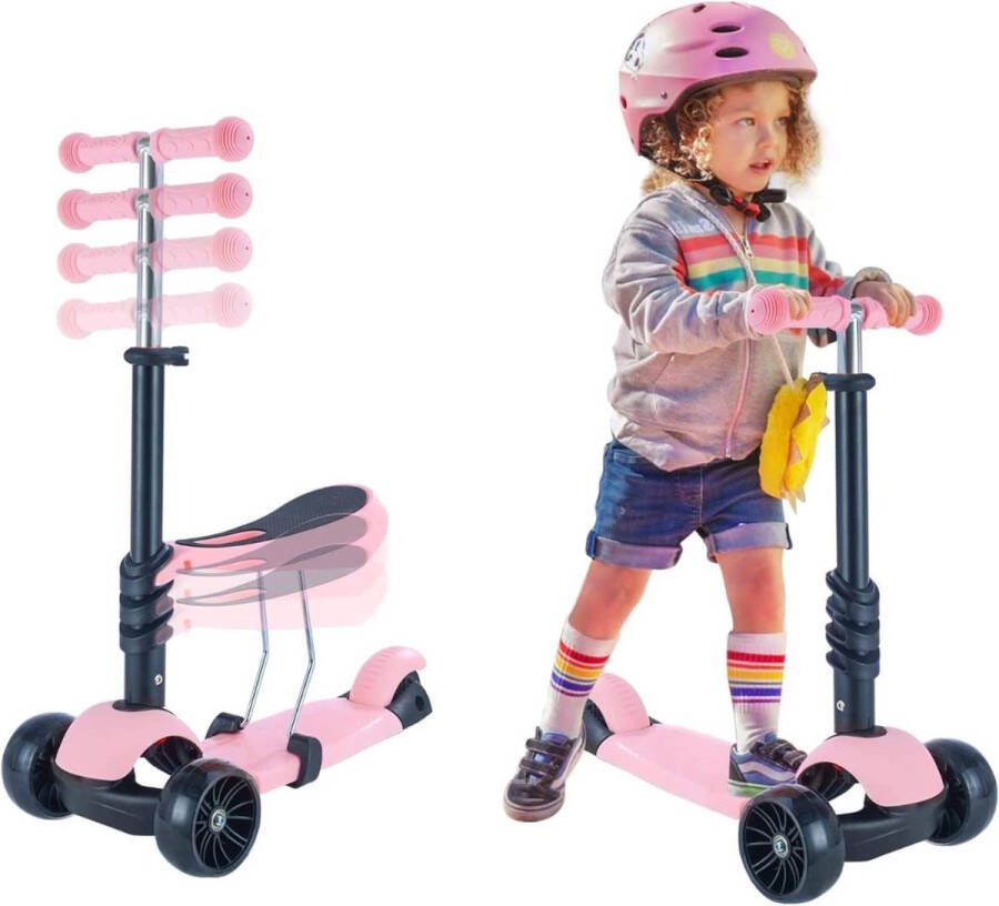 3-in-1 Kinderstep afneembare zitting kinderstep 3 wielen kinderstep met lichtgevende wielen kinderstep meisje Roze