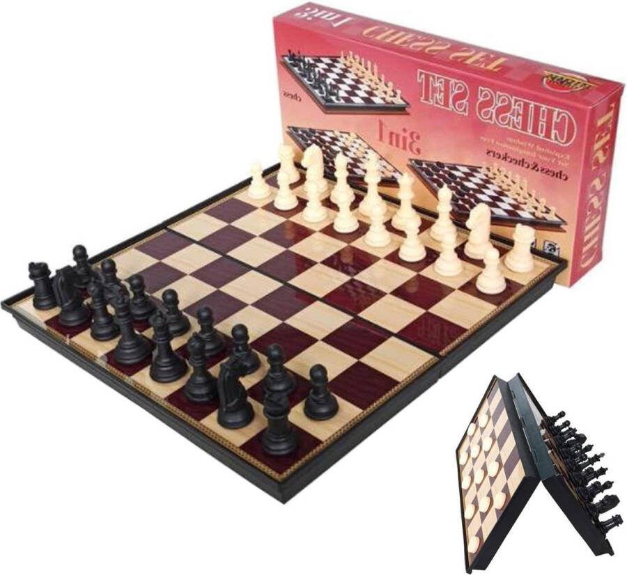 3-in-1 Magnetisch Schaakspel Opvouwbaar Schaakbord Hout Reizen Backgammon Dameset Kinderen