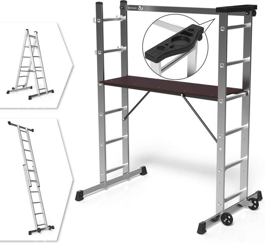 3-in-1 Multifunctionele Aluminium Trapladder met Werkplatform Max. Belasting 150KG 6 Postions Mobiele steiger op Wielen Gereedschapshouder Zilver Trapladder