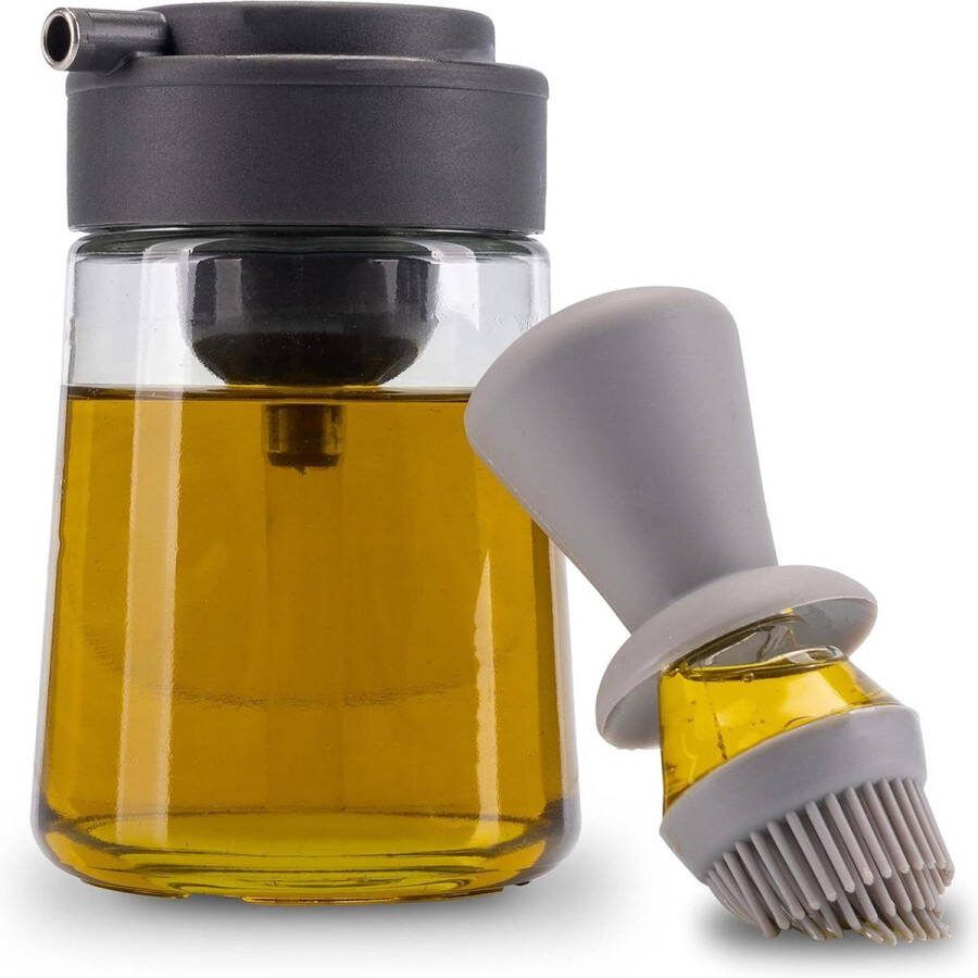 3-in-1 oliefles met kwast en schenktuit oliesproeier 350 ml siliconen borstel glazen fles bakkwast antraciet lichtgrijs Olive Oil Bottle Dispenser