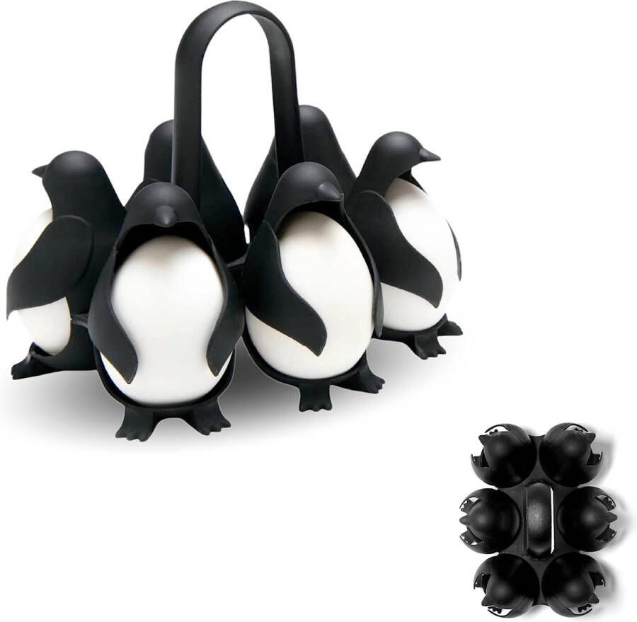 Peleg 3-in-1 pinguïn-eierhouder koker eierkoker eierdopje grappig pinguïn-cadeau eierkoker 6 eieren organizer eierdopjes zwart