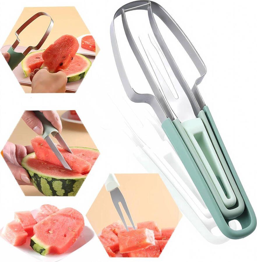 3-in-1 RVS Watermeloen Slicer Cutter Watermeloen Slicer Cutter Tool Watermeloen Cutter Slicer Tool Fruit Cutter Slicer Watermeloen Cutter Tool- Meloen En Fruitsalade Meloensnijder（groene handgreep）
