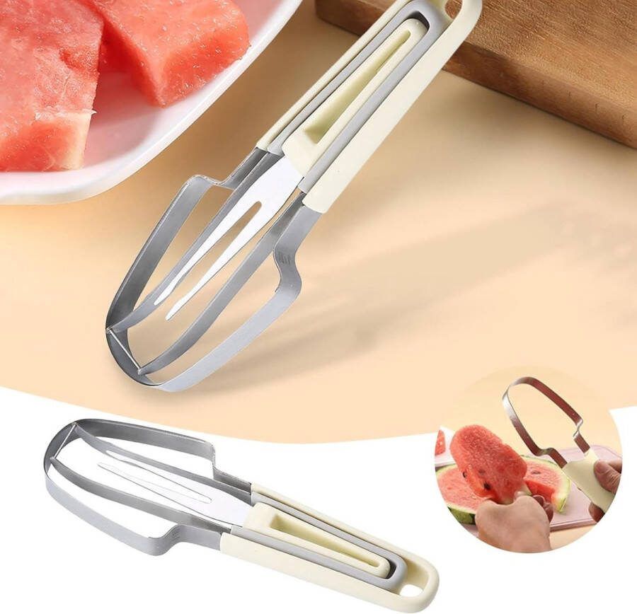 3-in-1 RVS Watermeloen Slicer Cutter Watermeloen Slicer Cutter Tool Watermeloen Cutter Slicer Tool Fruit Cutter Slicer Watermeloen Cutter Tool- Meloen En Fruitsalade Meloensnijder（beige handvat）