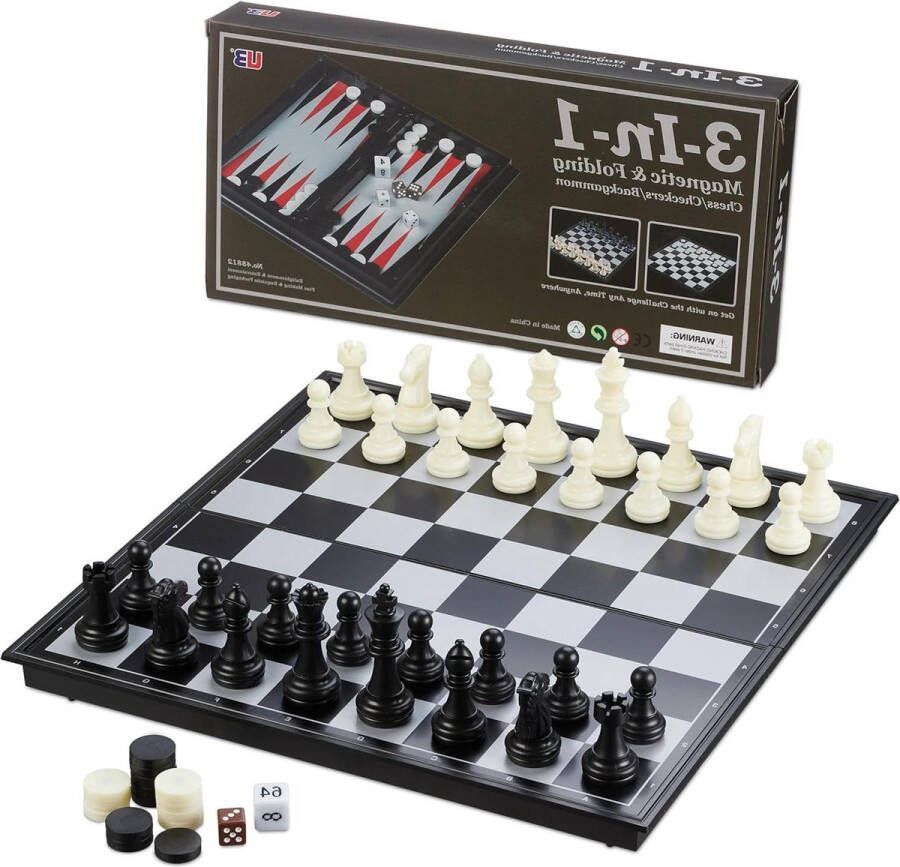 3-in-1 schaakbord reisspel set schaken dammen backgammon magnetisch 32x32 cm inklapbaar zwart wit